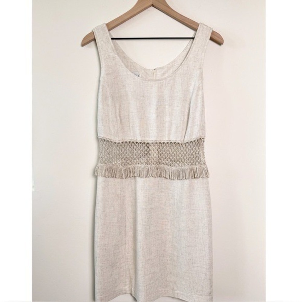 Vintage‎ Private Club Linen Crochet Mesh Fringe Dress Beige M 11/12